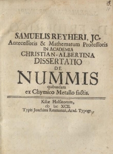 Dissertatio de nummis quibusdam ex chymico metalo factis