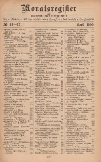 Monatsregister zum Wöchentliches Verzeichnis der erschienenen und der vorbereiteten Neuigkeiten des deutschen Buchhandels. No. 14 - 17