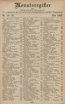 Monatsregister zum Wöchentliches Verzeichnis der erschienenen und der vorbereiteten Neuigkeiten des deutschen Buchhandels. No. 18 - 21