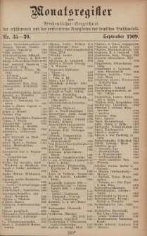 Monatsregister zum Wöchentliches Verzeichnis der erschienenen und der vorbereiteten Neuigkeiten des deutschen Buchhandels. No. 35 - 39