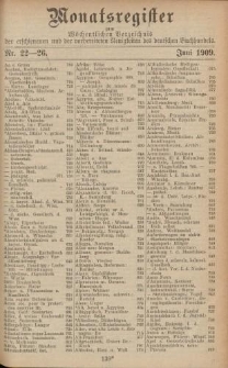Monatsregister zum Wöchentliches Verzeichnis der erschienenen und der vorbereiteten Neuigkeiten des deutschen Buchhandels. No. 22 - 26