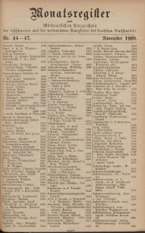 Monatsregister zum Wöchentliches Verzeichnis der erschienenen und der vorbereiteten Neuigkeiten des deutschen Buchhandels. No. 44 - 47