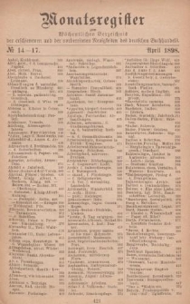 Monatsregister zum Wöchentliches Verzeichnis der erschienenen und der vorbereiteten Neuigkeiten des deutschen Buchhandels. No. 14 - 17
