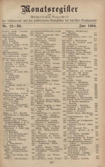 Monatsregister zum Wöchentliches Verzeichnis der erschienenen und der vorbereiteten Neuigkeiten des deutschen Buchhandels. No. 22 - 26