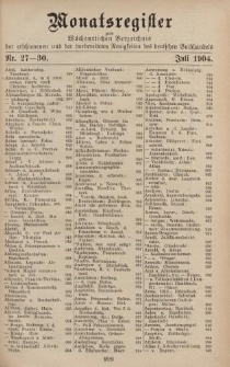 Monatsregister zum Wöchentliches Verzeichnis der erschienenen und der vorbereiteten Neuigkeiten des deutschen Buchhandels. No. 27 - 30