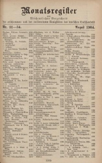Monatsregister zum Wöchentliches Verzeichnis der erschienenen und der vorbereiteten Neuigkeiten des deutschen Buchhandels. No. 31 - 34