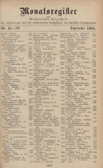 Monatsregister zum Wöchentliches Verzeichnis der erschienenen und der vorbereiteten Neuigkeiten des deutschen Buchhandels. No. 35 - 39