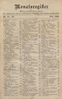 Monatsregister zum Wöchentliches Verzeichnis der erschienenen und der vorbereiteten Neuigkeiten des deutschen Buchhandels. No. 18 - 22