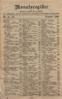 Monatsregister zum Wöchentliches Verzeichnis der erschienenen und der vorbereiteten Neuigkeiten des deutschen Buchhandels. No. 49 - 52