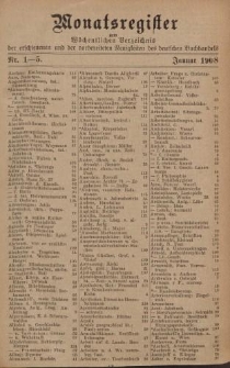Monatsregister zum Wöchentliches Verzeichnis der erschienenen und der vorbereiteten Neuigkeiten des deutschen Buchhandels. No. 1 – 5
