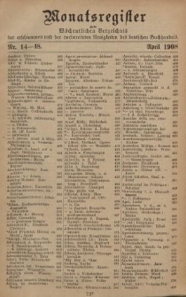 Monatsregister zum Wöchentliches Verzeichnis der erschienenen und der vorbereiteten Neuigkeiten des deutschen Buchhandels. No. 14 – 18