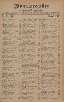 Monatsregister zum Wöchentliches Verzeichnis der erschienenen und der vorbereiteten Neuigkeiten des deutschen Buchhandels. No. 32 – 35