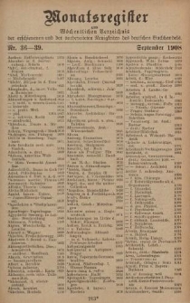 Monatsregister zum Wöchentliches Verzeichnis der erschienenen und der vorbereiteten Neuigkeiten des deutschen Buchhandels. No. 36 – 39