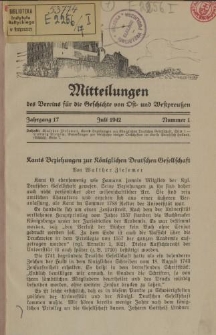 Mitteilungen des Vereins für die Geschichte von Ost- und Westpreußen. Jahrgang 17, Nummer 1
