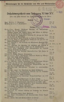Inhaltsverzeichnis von Jahrgang XI bis XV
