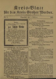 Kreis - Blatt für den Kreis Großer Werder, 1923, Nr.5