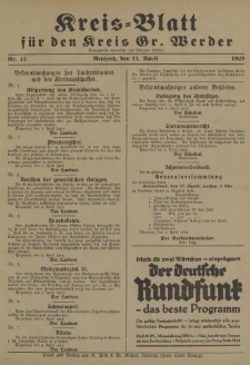 Kreis - Blatt für den Kreis Gr. Werder, 1929, Nr.15