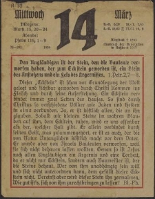 Oryginalna kartka z przedwojennego kalendarza religijnego - środa, 14 marzec 1934 rok