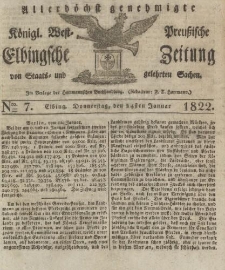 Allerhöchst genehmigte Königl. West-Preußische Elbingsche Zeitung von Staats- und gelehrten Sachen, 1822, Nro.7