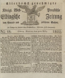 Allerhöchst genehmigte Königl. West-Preußische Elbingsche Zeitung von Staats- und gelehrten Sachen, 1822, Nro.18