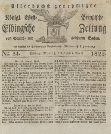 Allerhöchst genehmigte Königl. West-Preußische Elbingsche Zeitung von Staats- und gelehrten Sachen, 1822, Nro.34