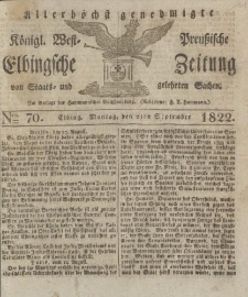 Allerhöchst genehmigte Königl. West-Preußische Elbingsche Zeitung von Staats- und gelehrten Sachen, 1822, Nro.70