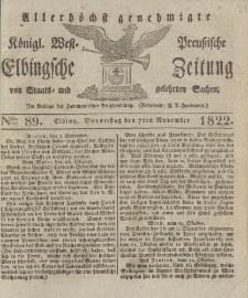 Allerhöchst genehmigte Königl. West-Preußische Elbingsche Zeitung von Staats- und gelehrten Sachen, 1822, Nro.89