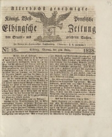 Allerhöchst genehmigte Königl. West-Preußische Elbingsche Zeitung von Staats- und gelehrten Sachen, 1828, Nro.18