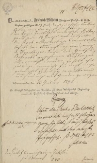 Von Gottes Gnaden Friedrich Wilhelm König zu Preußen etc. Etc. Etc. Unsern gnädigen Gruß zuvor! Wohlgelahrter Lieber Getreuer. Da euch nach Anzeige der Kreis Justitz Commission zu Stargadt vom 24 Junii etc….