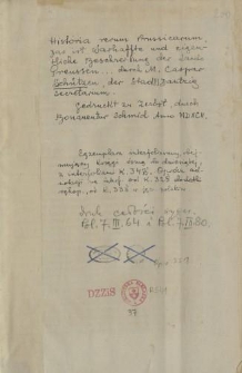 Historia rerum Prussicarum. Das ist warhaffte und eigentliche Beschreibung der Lande Preussen...