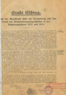 Stadt Elbing : Bericht des Magistrats über die Verwaltung und den Stand der Gemeindeangelegenheiten im Rechnungsjahre 1922 und 1923