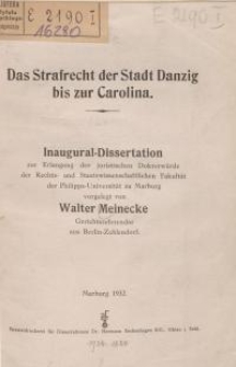 Das Strafrecht der Stadt Danzig bis zur Carolina
