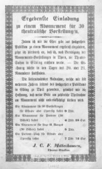 Ergebenste Einladung zu einem Abonnement für 30 theatralische Vorstellungen