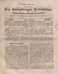 Der Königsberger Freimüthige, Nr. 39 Donnerstag, 1 April 1847