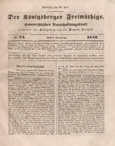 Der Königsberger Freimüthige, Nr. 74 Donnerstag, 24 Juni 1847