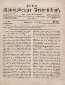 Der neue Königsberger Freimüthige, Nr. 13 Sonnabend, 27 März 1852