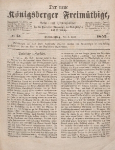 Der neue Königsberger Freimüthige, Nr. 15 Donnerstag, 1 April 1852