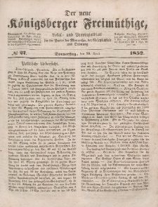 Der neue Königsberger Freimüthige, Nr. 27 Donnerstag, 29 April 1852