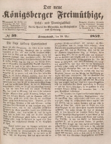 Der neue Königsberger Freimüthige, Nr. 39 Sonnabend, 29 Mai 1852