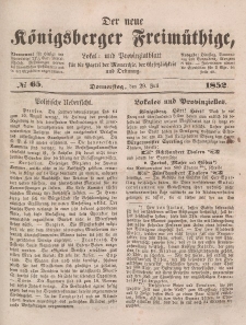 Der neue Königsberger Freimüthige, Nr. 65 Donnerstag, 29 Juli 1852