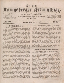 Der neue Königsberger Freimüthige, Nr. 68 Donnerstag, 5 August 1852