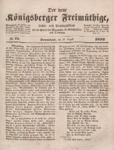 Der neue Königsberger Freimüthige, Nr. 75 Sonnabend, 21 August 1852