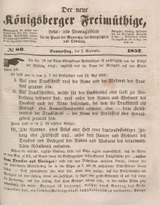 Der neue Königsberger Freimüthige, Nr. 80 Donnerstag, 2 September 1852