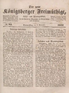Der neue Königsberger Freimüthige, Nr. 83 Donnerstag, 9 September 1852