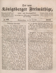 Der neue Königsberger Freimüthige, Nr. 86 Donnerstag, 16 September 1852