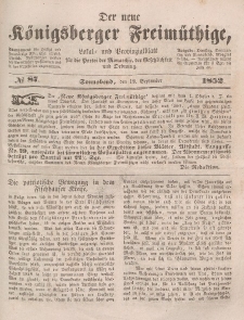 Der neue Königsberger Freimüthige, Nr. 87 Sonnabend, 18 September 1852