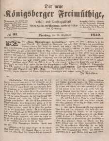 Der neue Königsberger Freimüthige, Nr. 91 Dienstag, 28 September 1852