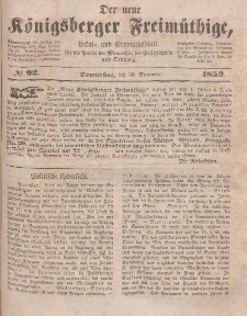 Der neue Königsberger Freimüthige, Nr. 92 Donnerstag, 30 September 1852