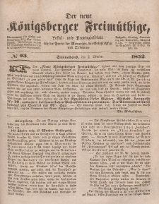 Der neue Königsberger Freimüthige, Nr. 93 Sonnabend, 2 Oktober 1852