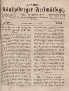 Der neue Königsberger Freimüthige, Nr. 96 Sonnabend, 9 Oktober 1852